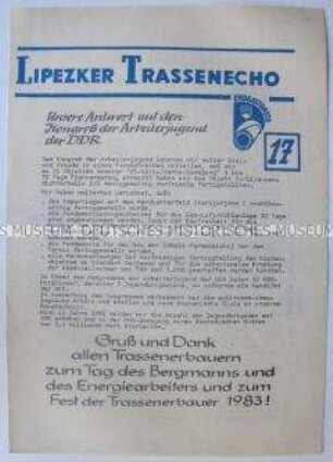 Zeitung des FDJ-Objekts "Erdgastrasse" u.a. zum Kongress der Arbeiterjugend der DDR