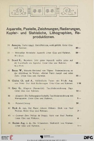 Aquarelle, Pastelle, Zeichnungen, Radierungen, Kupfer- und Stahlstiche, Lithographien, Reproduktionen (Nr. 74-121)