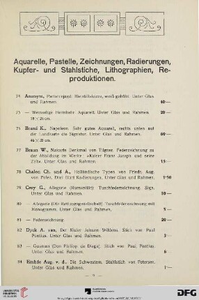 Aquarelle, Pastelle, Zeichnungen, Radierungen, Kupfer- und Stahlstiche, Lithographien, Reproduktionen (Nr. 74-121)