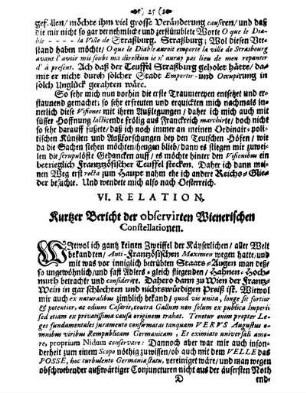 VI. Relation. Kurtzer Bericht der observirten Wienerischen Constellationen