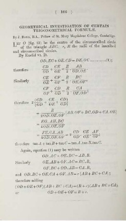 Geometrical investigation of certain trigonometrical formulae.