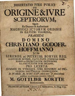 Dissertatio Ivris Pvblici De Origine & Ivre Sceptrorvm