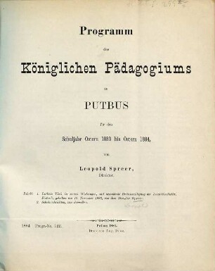 Programm des Königlichen Pädagogiums zu Putbus. 1883/84