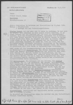 Ölbronn mit Kleinvillars: Visitationsbericht mit Pfarrbericht 1959