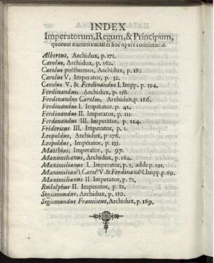 Index Imperatorum, Regum, & Principum, quorum nummi unciales hoc opere continentur