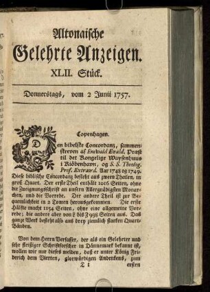 XLII. Stück. Donnerstags, vom 2 Junii 1757