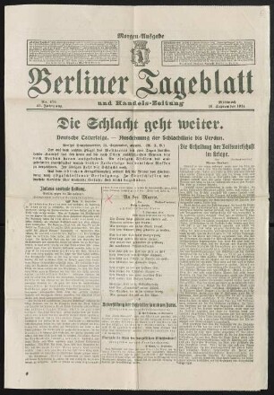 An der Marne. Von Fritz von Unruh, z.Zt. Leutnant bei den Ulanen. [erschienen in "Berliner Tageblatt" Morgenausgabe, Nr. 470, 43. Jahrgang ]