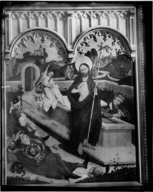 Tiefenbronn Katholische Kirche Sankt Maria Magdalena Hochaltar (1469) von Hans Schüchlin Schrein geöffnet rechter Innenflügel, oben Auferstehung