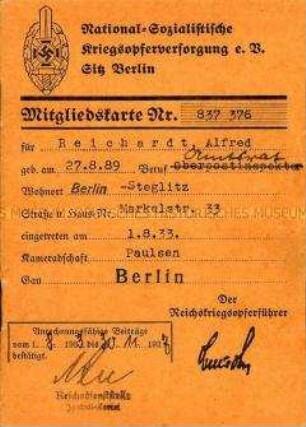 Mitgliedskarte der NS-Kriegsopferversorgung von Alfred Reichardt
