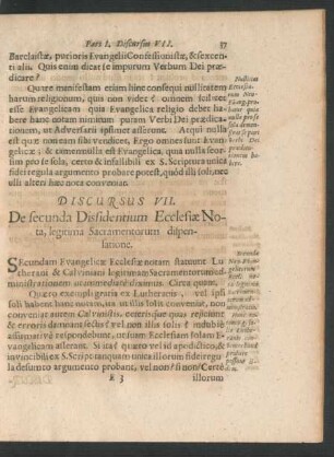 Discursus VII. De secunda Dissidentium Ecclesiae Nota, legitima Sacramentorum dispensatione.