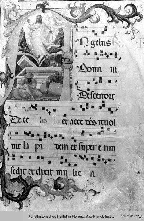 Antiphonar : Textseite mit historisierter Initiale A: Auferstehung Christi