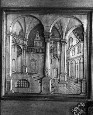Östliche Tür mit Relief-Türfelden : Östliche Tür mit Relief-Türfelden. Holz, geschnitzt (1539).Obere Türfüllung mit Renaissancehalle. Syrgenstein (Markt Heimenkirch), Schloss, 2. Obergeschoss, Bibliothek