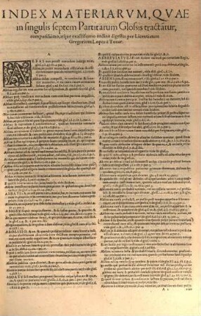 Las siete Partidas del sabio Rey Don Alonso el Nono, [9]. Index seu Repertorium materiarum ... quae in singulis septem Partitarum glossis continentur / concinnatum per Licenciatum Gregorium Lopez à Tovar