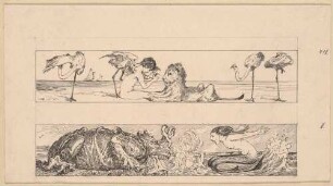 Studie zur oberen Querfüllung in "Amor und Psyche" p. XIX: Amor vor einem Löwen sitzend, umgeben von vier Vögeln, Blatt 5