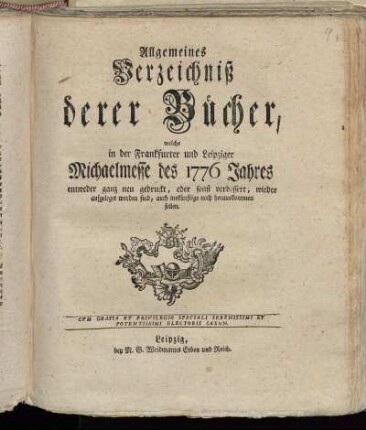 1776,2: Allgemeines Verzeichniß derer Bücher, welche in der Frankfurter und Leipziger Michaelismesse des 1776 Jahres