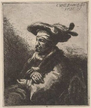 Halbfigur eines alten Mannes mit platter Federmütze
