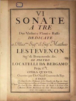 VI sonate a tre : due violini e flauti e basso ; opera quinta