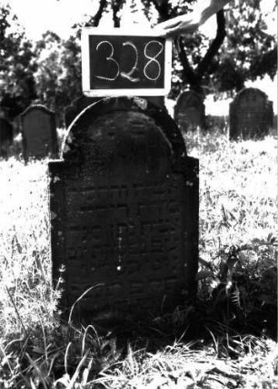 Grabstein 328 (Index: 100103088) Material: Sandstein Zustand: gut erhalten, unten beginnende Verwitterung Maße HxBxT: 73x43x7 cm Beschreibung: Stele, eingezogener Rundbogenabschluss, Schriftfeld eingetieft: Grabstein 328