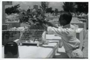 Ein Besucher arrangiert Blumen auf einem Friedhof in Havanna