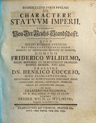 Dissertatio Ivris Pvblici De Charactere Statvvm Imperii, Germanice: Von Der Reichs-Standschafft