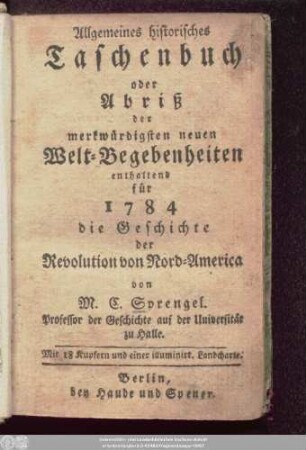 1784: Historisch-genealogischer Kalender : auf das Jahr ... ; Deutschland ein histor. Gemälde