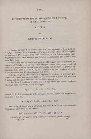 Un' osservazione intorno alle coppie per un sistema di forze parallele.