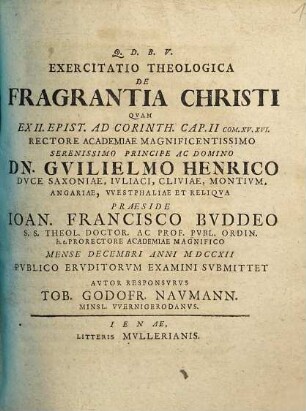 Exercitatio Theologica De Fragrantia Christi