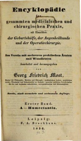 Encyklopädie der gesammten medicinischen und chirurgischen Praxis, mit Einschluss der Geburtshülfe, der Augenheilkunde und der Operativchirurgie, 1. A - Humectantia