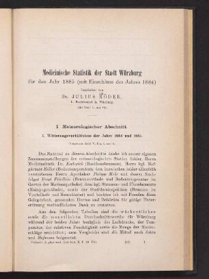 Medicinische Statistik der Stadt Würzburg für das Jahr 1885 (mit Einschluss des Jahres 1884)