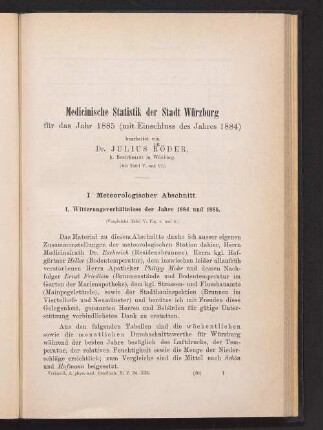 Medicinische Statistik der Stadt Würzburg für das Jahr 1885 (mit Einschluss des Jahres 1884)