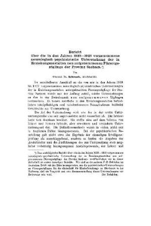 Bericht über die in den Jahren 1922-1923 vorgenommene neurologisch-psychiatrische Untersuchung der in Erziehungsanstalten neu aufgenommenen Fürsorgezöglinge der Provinz Sachsen