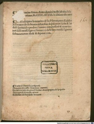 Processo del Girolamo Savonarola : mit Brief an Savonarola und an das Franziskanerkloster in Siena, Rom 11.4.1498, von Papst Alexander VI.