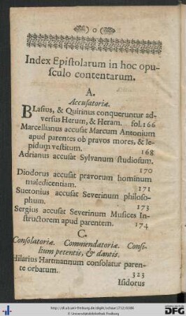 Index Epistolarum in hoc opusculo contentarum.