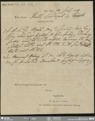 Eigenh. Lieferschein auf Vordruck von Jenaische Allgemeine Literatur-Zeitung an August Wilhelm von Schlegel, Jena, 20.07.1804