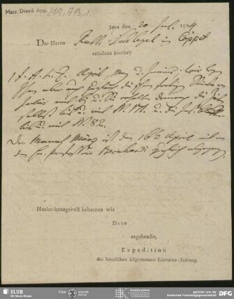 Eigenh. Lieferschein auf Vordruck von Jenaische Allgemeine Literatur-Zeitung an August Wilhelm von Schlegel, Jena, 20.07.1804