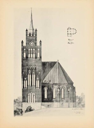 Kapelle: Ansicht 1:33,3, Grundriss (aus: Drucke von Seminararbeiten der Königlich Technischen Hochschule Berlin, Bd. III)