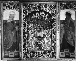 Hochaltar : Hochaltar. Holz, geschnitzt, gefaßt, bemalt (1451/1500). Murau, Friedhofskirche Sankt Anna