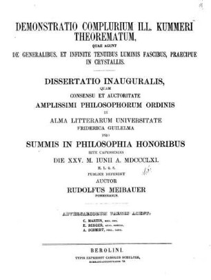 Demonstratio complurim ill. kummeri theorematum, quae agunt de generalibus, et infinite tenuibus luminis fascibus, praecipue in crystallis