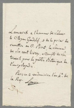 Jean-Baptiste Pierre Antoine de Monet de Lamarck (1744 - 1829) Autographen: Brief von Jean-Baptiste Pierre Antoine de Monet de Lamarck an Gandolf - BSB Autogr.Cim. Lamarck, Jean-Baptiste