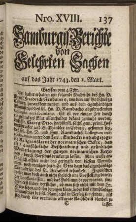 Nro. XVIII. auf das Jahr 1743. den 1. Mart. - Nro. XXVI. auf das Jahr 1743. den 29. Mart.