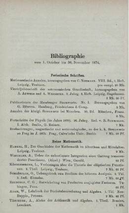 Bibliographie vom 1. October bis 30. November 1874.