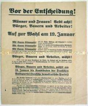 Propagandaschrift mit einem Aufruf der Deutschen Volkspartei in Bayern (DDP) zur Wahl der Nationalversammlung