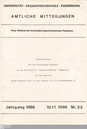 Studienordnung für den Studiengang Englisch an der Universität - Gesamthochschule - Paderborn mit dem Abschluß Erste Staatsprüfung für das Lehramt für die Sekundarstufe II : 10.11.1986