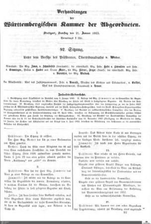 92. Sitzung, Stuttgart, 21.1.1865