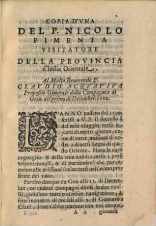 Copia d'una [lettera] del primo di Decembre 1600