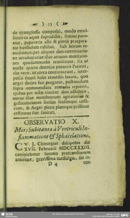 Observatio X. Mors Subitanea a Ventriculi Inflammatione & Sphacelatione