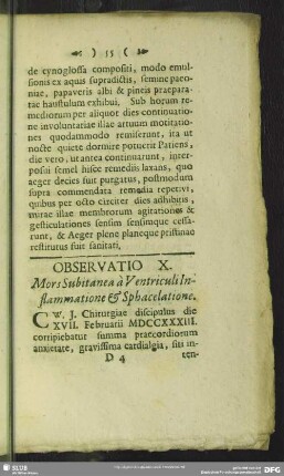 Observatio X. Mors Subitanea a Ventriculi Inflammatione & Sphacelatione