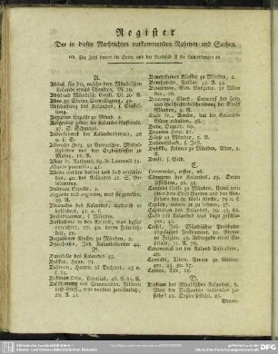 Register Der in diesen Nachrichten vorkommenden Nahmen und Sachen