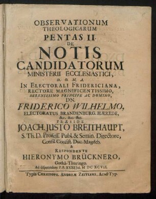 Observationum Theologicarum Pentas II. De Notis Candidatorum Ministerii Ecclesiastici