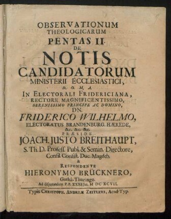 Observationum Theologicarum Pentas II. De Notis Candidatorum Ministerii Ecclesiastici